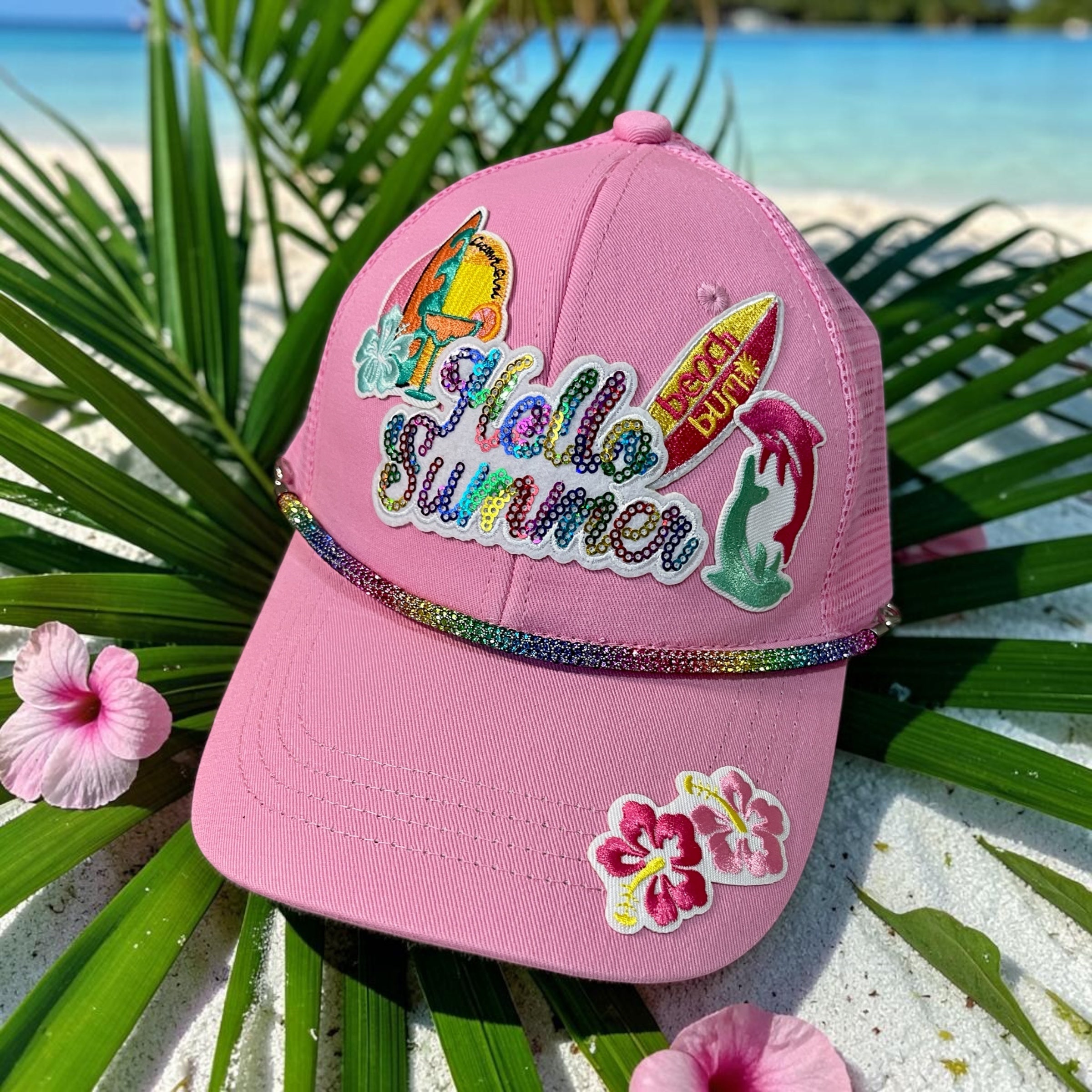 Pink Summer hat by Southern Brim Works - blush pink cap with Hello Summer sequin patch, surfboard, dolphin, hibiscus flower, and rainbow rhinestone trim