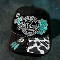 Don't Laugh hat by Southern Brim Works - black cap with turquoise flower, cow print brim, rhinestones, and Don't Laugh situation patch