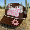 Excuse Me hat by Southern Brim Works - brown cap with pearl trim, pink star patches, and Excuse Me You Look Like You Love Me embroidered patch
