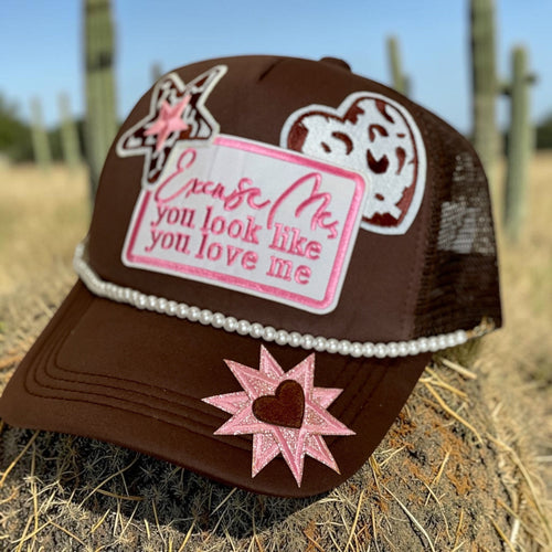 Excuse Me hat by Southern Brim Works - brown cap with pearl trim, pink star patches, and Excuse Me You Look Like You Love Me embroidered patch