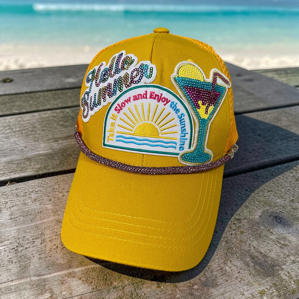 Take it Slow Summer hat by Southern Brim Works - golden yellow cap with Hello Summer sequin patch, Take It Slow Enjoy the Sunshine sunset patch, and sequin cocktail glass