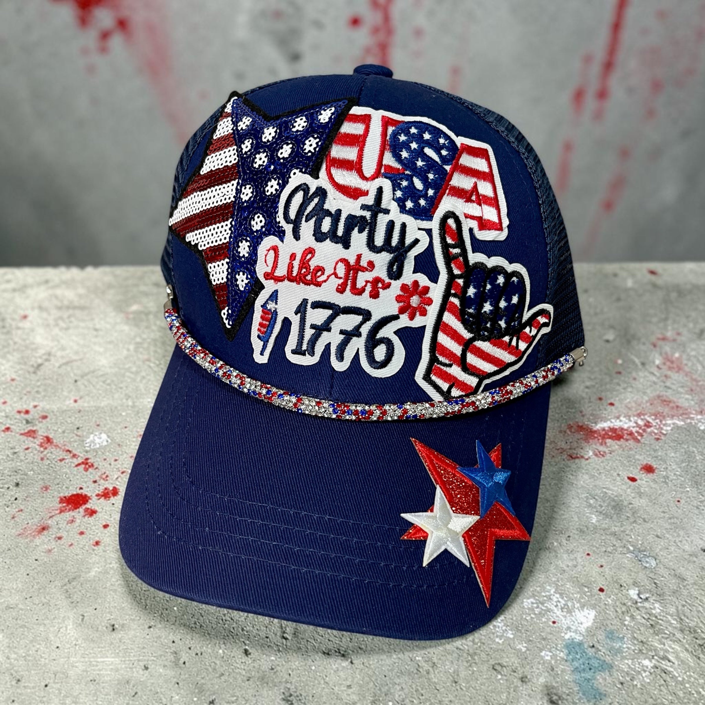 1776 Party hat by Southern Brim Works - navy blue cap with Party Like Its 1776 patch, USA letters, sequin flag star, shaka hand, and patriotic rhinestone trim